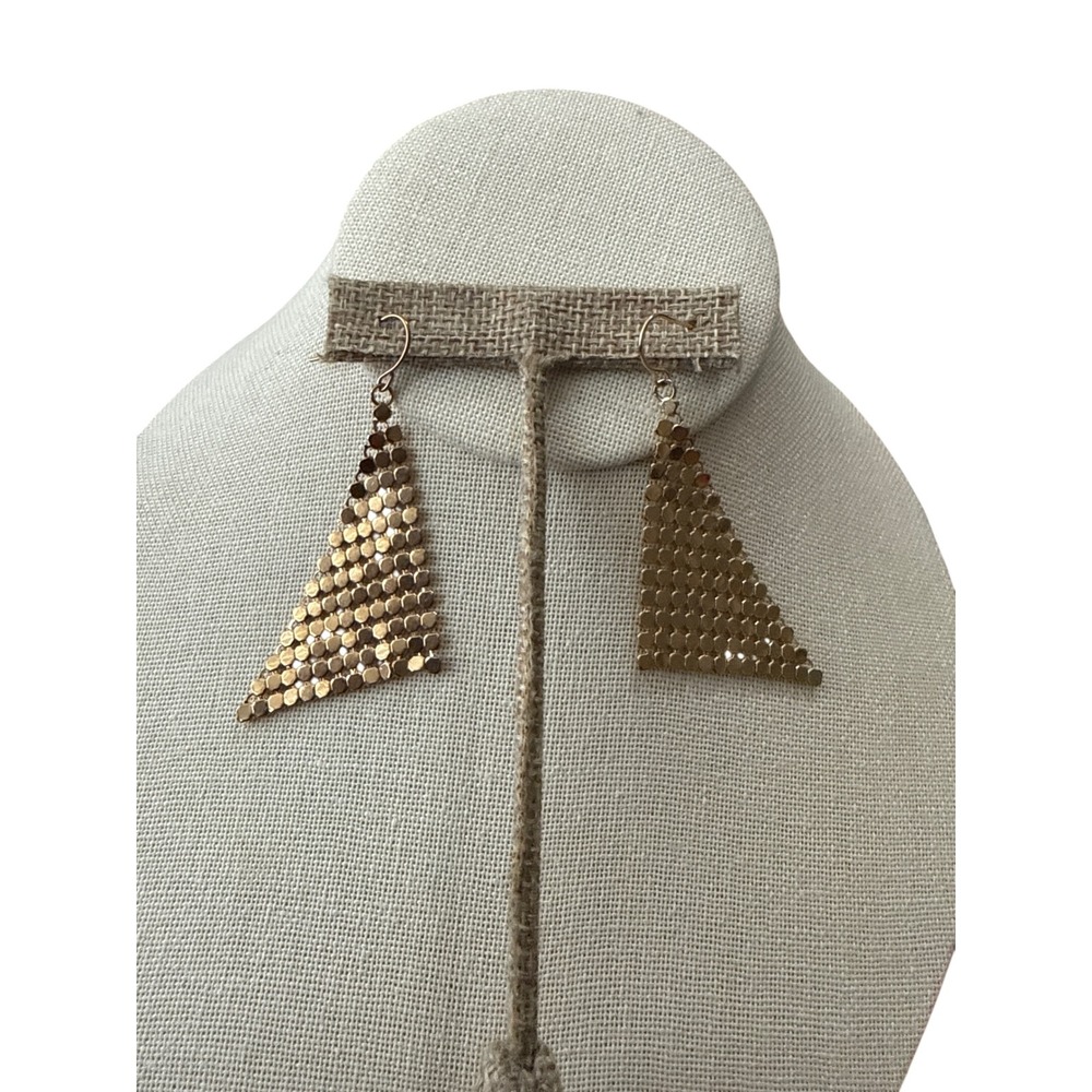 Gold Tone Metal Mesh Triangle Drop Dangle Earrings French Wire Hook Statement